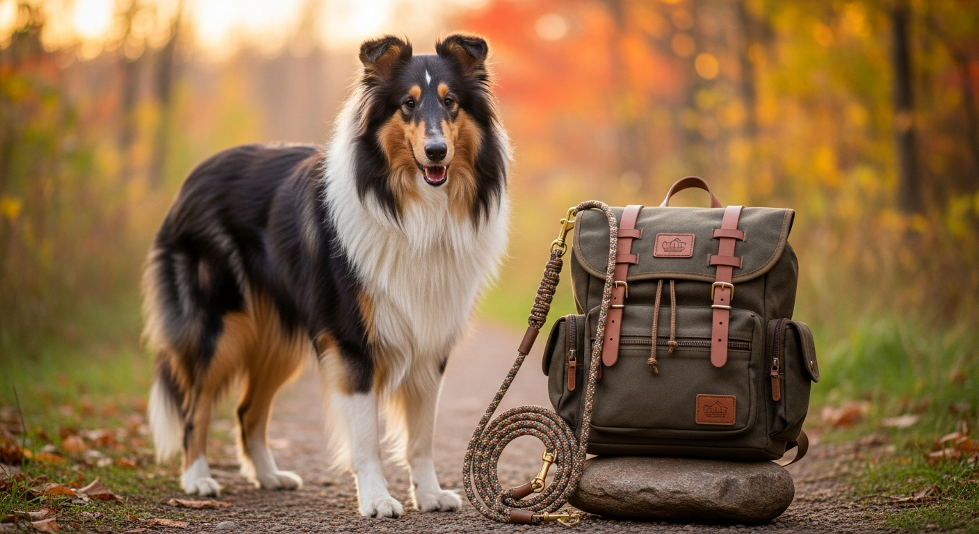 Rough Collie on a trail with hiking gear