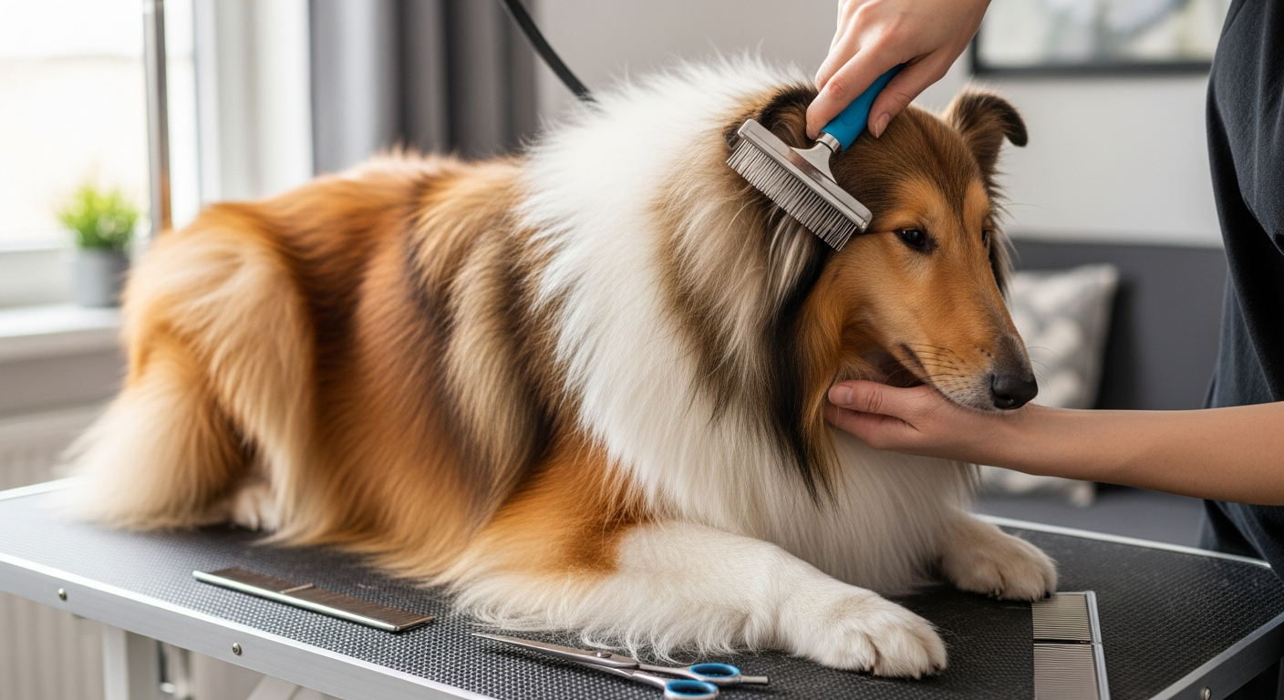 Rough Collie being brushed with slicker